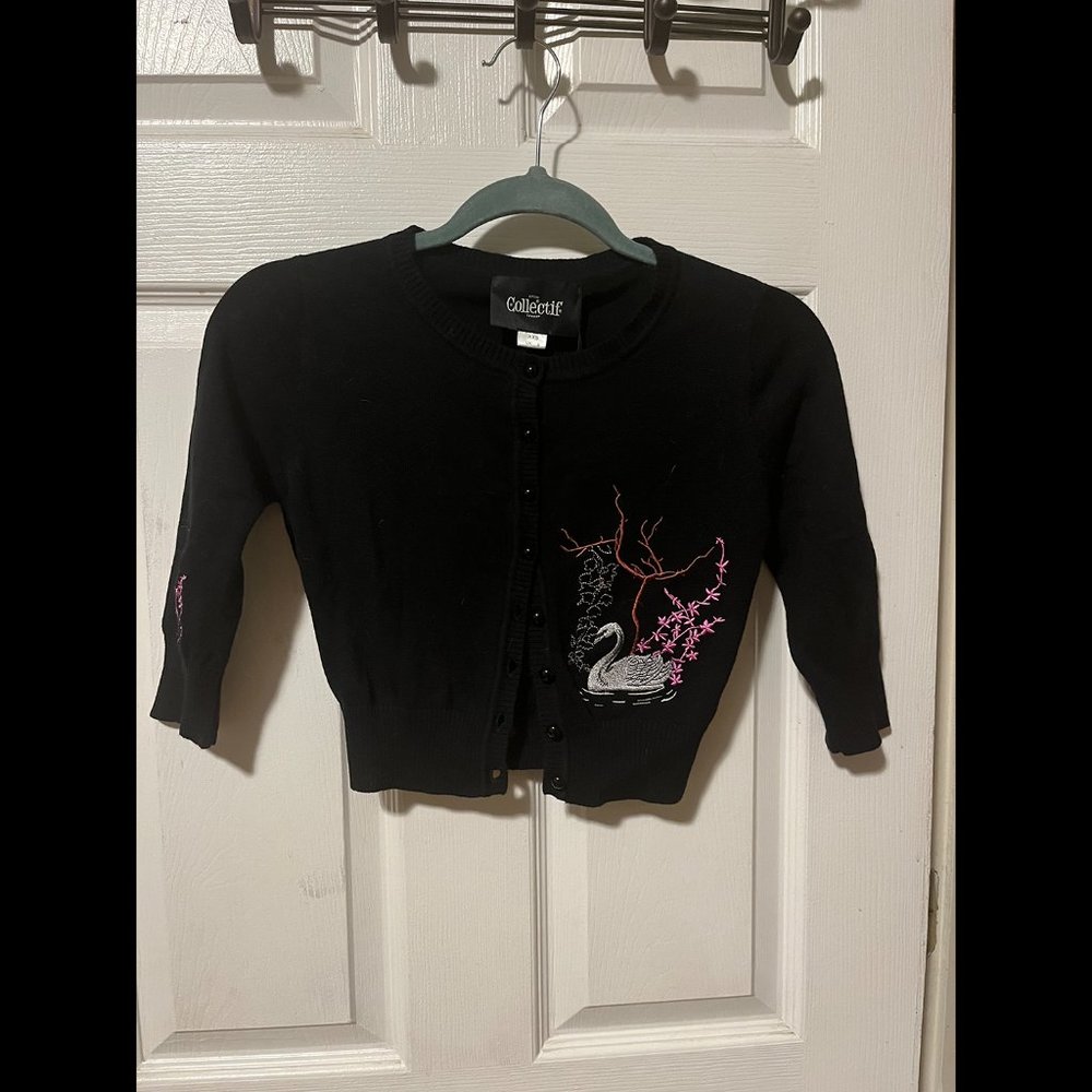 NWT Collectif Lucy Swan Forest Cardigan cropped balck XXS UK 6 - Picture 4 of 8